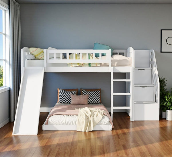 HomeRoots White Twin Over Twin Solid Wood Bunk Bed with Slide, Stairs, Drawers – Stylish & Space-Saving Design 606663