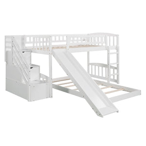 HomeRoots White Twin Over Twin Solid Wood Bunk Bed with Slide, Stairs, Drawers – Stylish & Space-Saving Design 606663