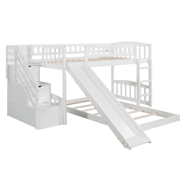 HomeRoots White Twin Over Twin Solid Wood Bunk Bed with Slide, Stairs, Drawers – Stylish & Space-Saving Design 606663