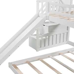 HomeRoots White Twin Over Twin Solid Wood Bunk Bed with Slide, Stairs, Drawers – Stylish & Space-Saving Design 606663