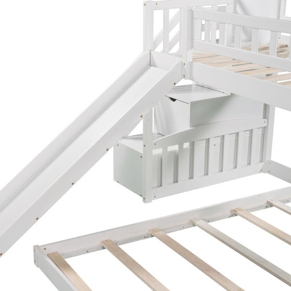 HomeRoots White Twin Over Twin Solid Wood Bunk Bed with Slide, Stairs, Drawers – Stylish & Space-Saving Design 606663