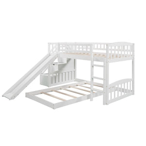 HomeRoots White Twin Over Twin Solid Wood Bunk Bed with Slide, Stairs, Drawers – Stylish & Space-Saving Design 606663