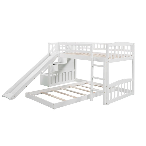 HomeRoots White Twin Over Twin Solid Wood Bunk Bed with Slide, Stairs, Drawers – Stylish & Space-Saving Design 606663