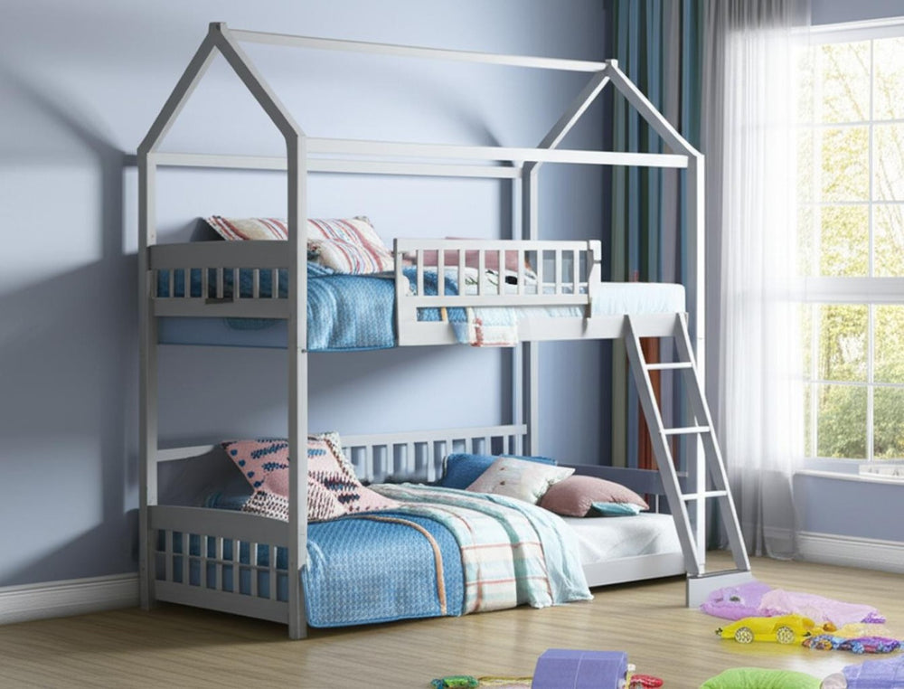 HomeRoots Gray Twin Over Twin Solid Wood Bunk Bed with Fun Slide – Space-Saving Design for Kids' Rooms! 606664