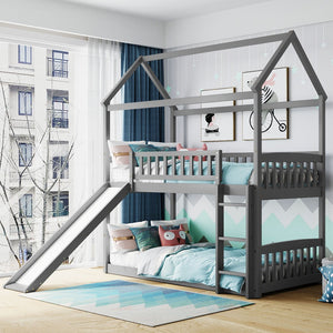 HomeRoots Gray Twin Over Twin Solid Wood Bunk Bed with Fun Slide – Space-Saving Design for Kids' Rooms! 606664