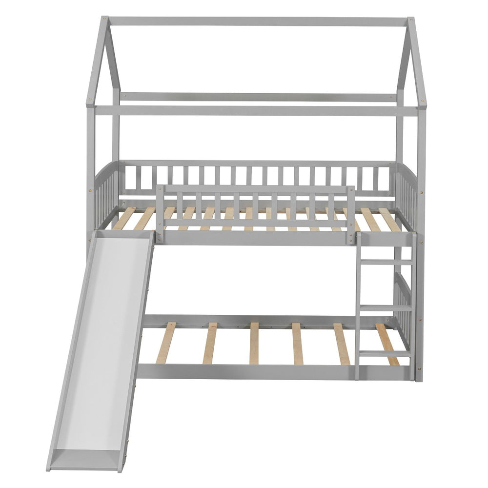 HomeRoots Gray Twin Over Twin Solid Wood Bunk Bed with Fun Slide – Space-Saving Design for Kids' Rooms! 606664