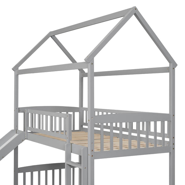 HomeRoots Gray Twin Over Twin Solid Wood Bunk Bed with Fun Slide – Space-Saving Design for Kids' Rooms! 606664