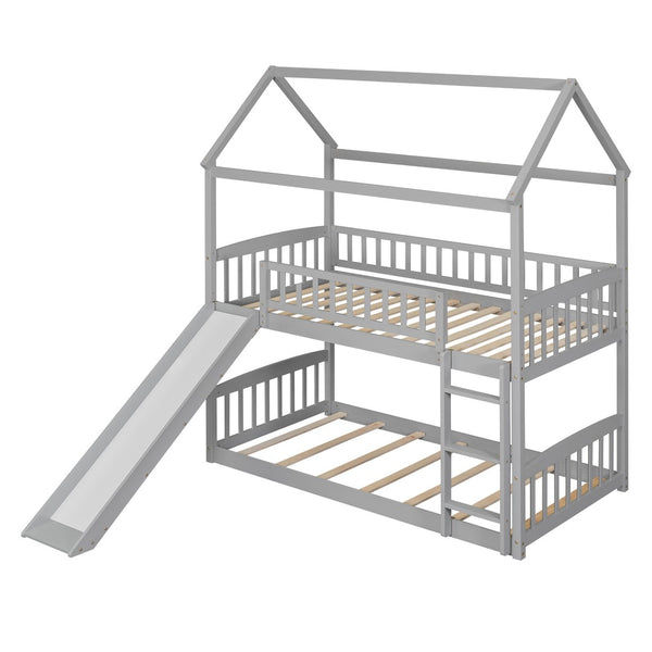 HomeRoots Gray Twin Over Twin Solid Wood Bunk Bed with Fun Slide – Space-Saving Design for Kids' Rooms! 606664