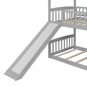 HomeRoots Gray Twin Over Twin Solid Wood Bunk Bed with Fun Slide – Space-Saving Design for Kids' Rooms! 606664