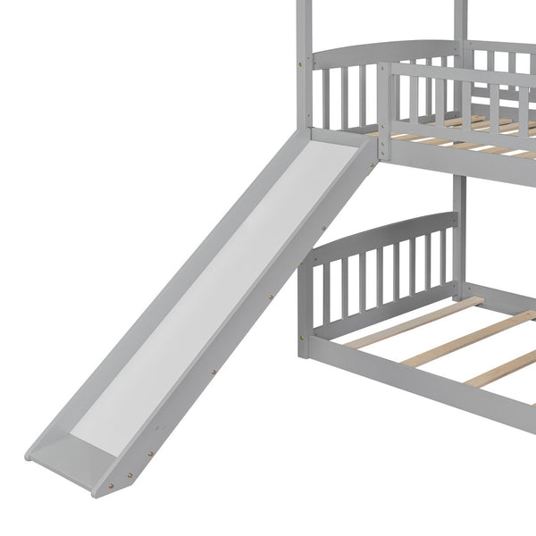 HomeRoots Gray Twin Over Twin Solid Wood Bunk Bed with Fun Slide – Space-Saving Design for Kids' Rooms! 606664