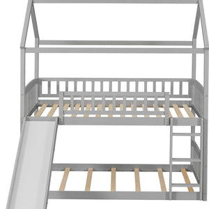 HomeRoots Gray Twin Over Twin Solid Wood Bunk Bed with Fun Slide – Space-Saving Design for Kids' Rooms! 606664