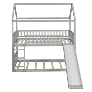 HomeRoots Gray Twin Over Twin Solid Wood Bunk Bed with Fun Slide – Space-Saving Design for Kids' Rooms! 606664