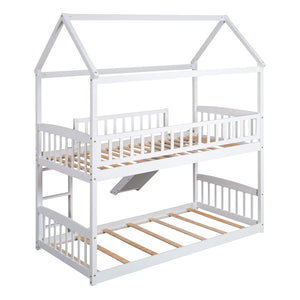HomeRoots White Twin Over Twin Solid Wood Bunk Bed with Slide - Space-Saving Fun for Kids' Rooms & Sleepovers! 606665