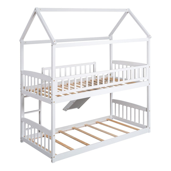 HomeRoots White Twin Over Twin Solid Wood Bunk Bed with Slide - Space-Saving Fun for Kids' Rooms & Sleepovers! 606665