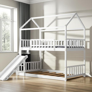 HomeRoots White Twin Over Twin Solid Wood Bunk Bed with Slide - Space-Saving Fun for Kids' Rooms & Sleepovers! 606665