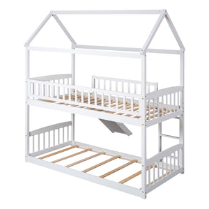 HomeRoots White Twin Over Twin Solid Wood Bunk Bed with Slide - Space-Saving Fun for Kids' Rooms & Sleepovers! 606665