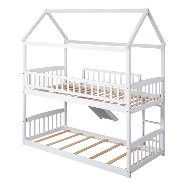 HomeRoots White Twin Over Twin Solid Wood Bunk Bed with Slide - Space-Saving Fun for Kids' Rooms & Sleepovers! 606665