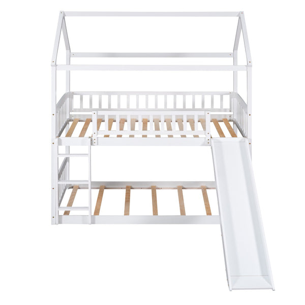 HomeRoots White Twin Over Twin Solid Wood Bunk Bed with Slide - Space-Saving Fun for Kids' Rooms & Sleepovers! 606665