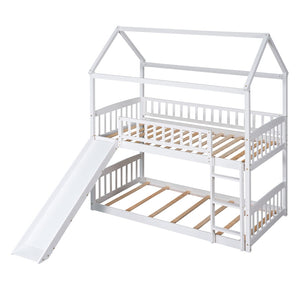 HomeRoots White Twin Over Twin Solid Wood Bunk Bed with Slide - Space-Saving Fun for Kids' Rooms & Sleepovers! 606665