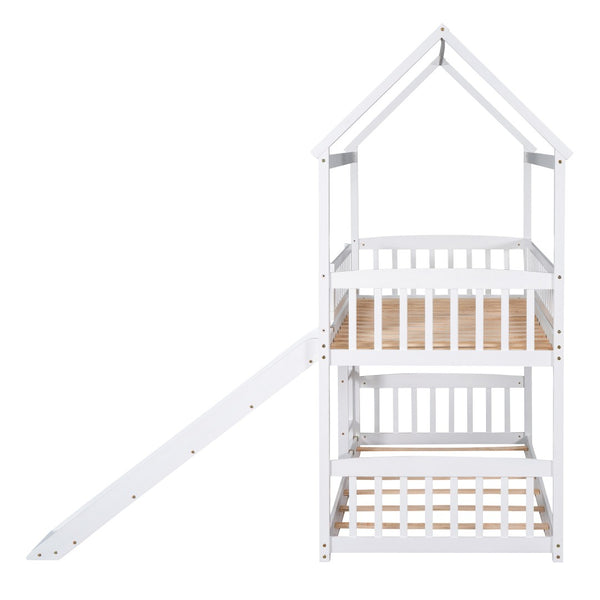 HomeRoots White Twin Over Twin Solid Wood Bunk Bed with Slide - Space-Saving Fun for Kids' Rooms & Sleepovers! 606665