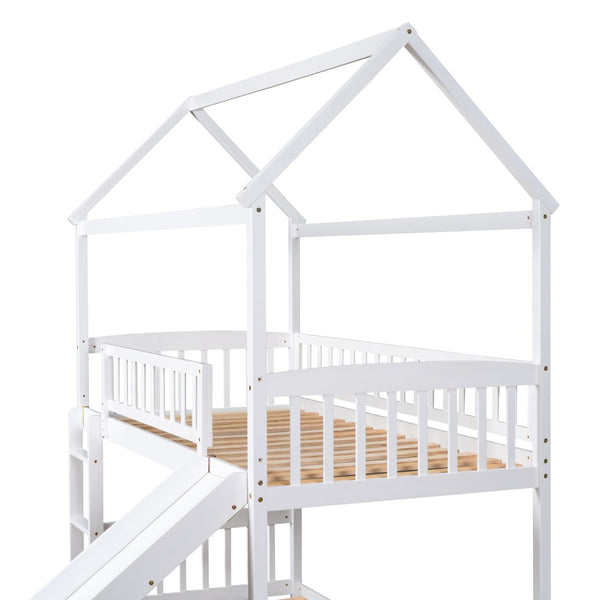HomeRoots White Twin Over Twin Solid Wood Bunk Bed with Slide - Space-Saving Fun for Kids' Rooms & Sleepovers! 606665