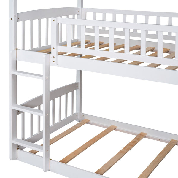 HomeRoots White Twin Over Twin Solid Wood Bunk Bed with Slide - Space-Saving Fun for Kids' Rooms & Sleepovers! 606665