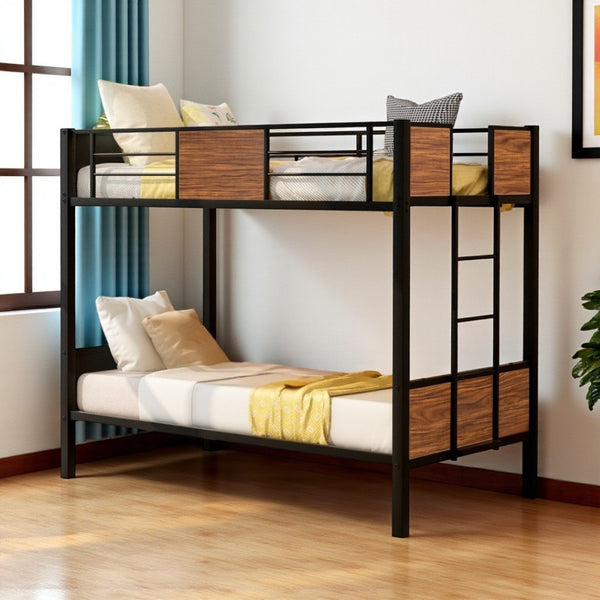 HomeRoots Black Twin Over Twin Metal Bunk Bed - Stylish Space-Saving Design with Safety Guardrails & Stability 606666