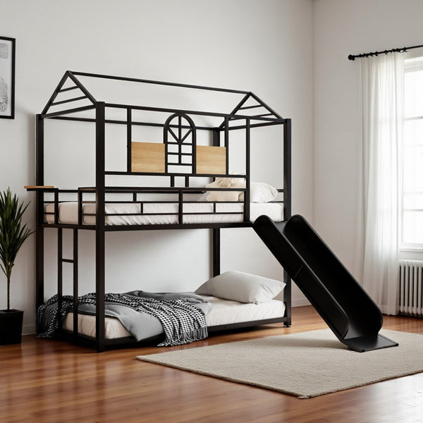 HomeRoots Black Twin Over Twin Metal Bunk Bed with Slide - Sleek Design, Safe, Fun & Durable for Kids' Rooms 606667