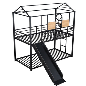 HomeRoots Black Twin Over Twin Metal Bunk Bed with Slide - Sleek Design, Safe, Fun & Durable for Kids' Rooms 606667