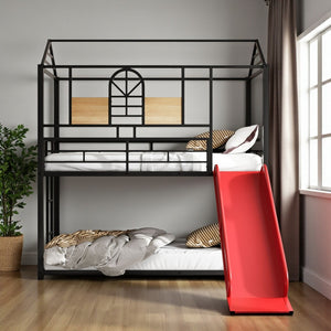 HomeRoots Red Twin Over Twin Metal Bunk Bed with Slide - Compact, Fun, and Safe Solution for Kids' Rooms! 606668