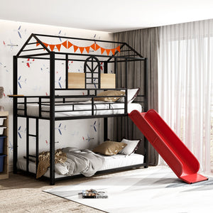 HomeRoots Red Twin Over Twin Metal Bunk Bed with Slide - Compact, Fun, and Safe Solution for Kids' Rooms! 606668