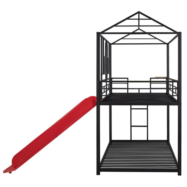 HomeRoots Red Twin Over Twin Metal Bunk Bed with Slide - Compact, Fun, and Safe Solution for Kids' Rooms! 606668