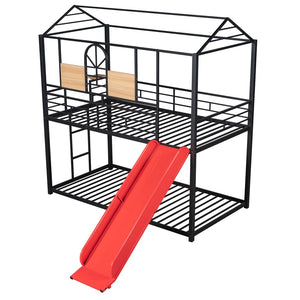HomeRoots Red Twin Over Twin Metal Bunk Bed with Slide - Compact, Fun, and Safe Solution for Kids' Rooms! 606668