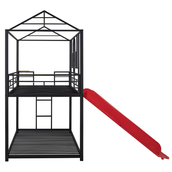 HomeRoots Red Twin Over Twin Metal Bunk Bed with Slide - Compact, Fun, and Safe Solution for Kids' Rooms! 606668