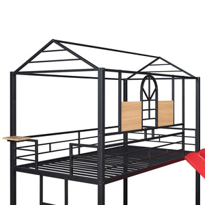 HomeRoots Red Twin Over Twin Metal Bunk Bed with Slide - Compact, Fun, and Safe Solution for Kids' Rooms! 606668