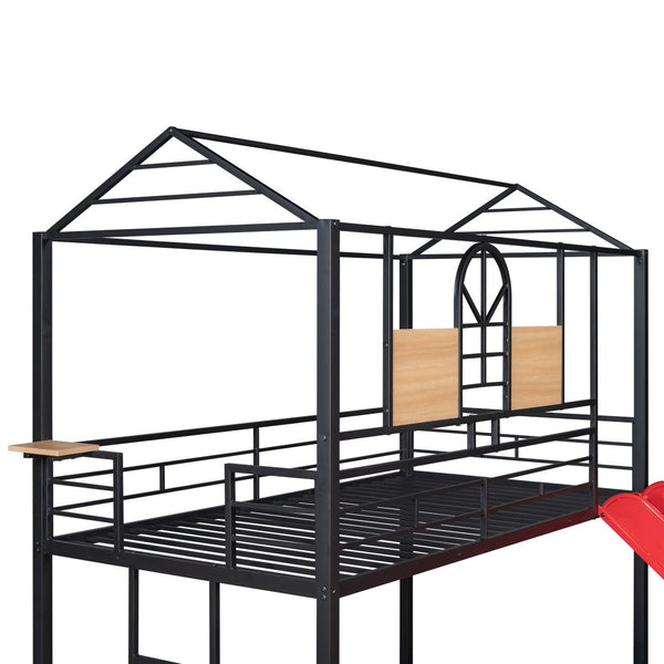 HomeRoots Red Twin Over Twin Metal Bunk Bed with Slide - Compact, Fun, and Safe Solution for Kids' Rooms! 606668
