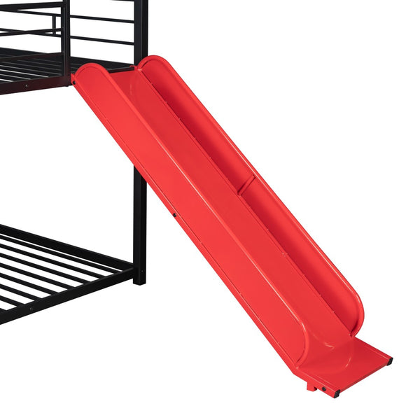 HomeRoots Red Twin Over Twin Metal Bunk Bed with Slide - Compact, Fun, and Safe Solution for Kids' Rooms! 606668