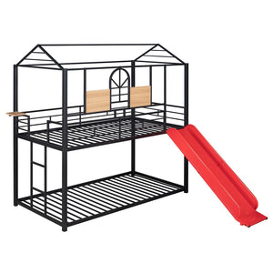 HomeRoots Red Twin Over Twin Metal Bunk Bed with Slide - Compact, Fun, and Safe Solution for Kids' Rooms! 606668