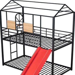 HomeRoots Red Twin Over Twin Metal Bunk Bed with Slide - Compact, Fun, and Safe Solution for Kids' Rooms! 606668
