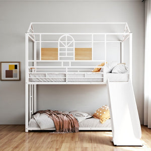 HomeRoots White Twin Over Twin Metal Bunk Bed with Fun Slide - Durable, Space-Saving Design for Kids' Rooms 606669