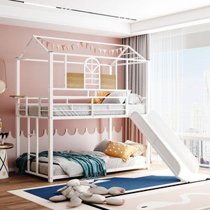 HomeRoots White Twin Over Twin Metal Bunk Bed with Fun Slide - Durable, Space-Saving Design for Kids' Rooms 606669
