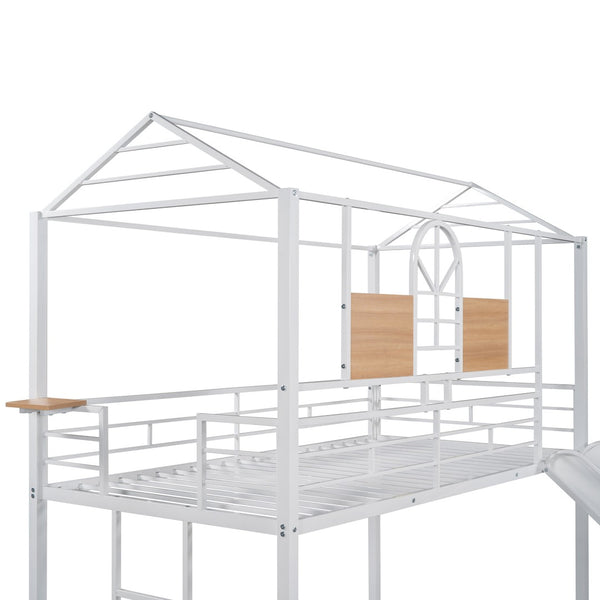 HomeRoots White Twin Over Twin Metal Bunk Bed with Fun Slide - Durable, Space-Saving Design for Kids' Rooms 606669