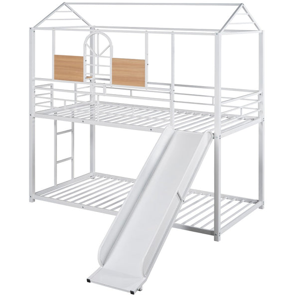 HomeRoots White Twin Over Twin Metal Bunk Bed with Fun Slide - Durable, Space-Saving Design for Kids' Rooms 606669