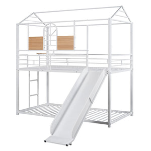 HomeRoots White Twin Over Twin Metal Bunk Bed with Fun Slide - Durable, Space-Saving Design for Kids' Rooms 606669