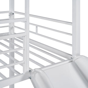 HomeRoots White Twin Over Twin Metal Bunk Bed with Fun Slide - Durable, Space-Saving Design for Kids' Rooms 606669