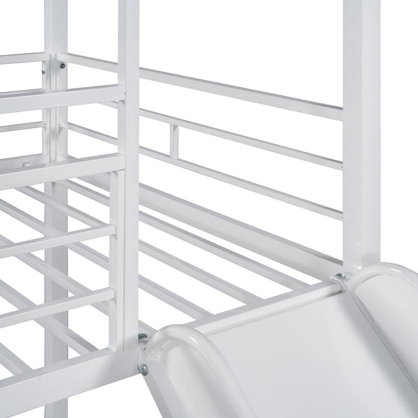 HomeRoots White Twin Over Twin Metal Bunk Bed with Fun Slide - Durable, Space-Saving Design for Kids' Rooms 606669