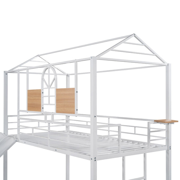 HomeRoots White Twin Over Twin Metal Bunk Bed with Fun Slide - Durable, Space-Saving Design for Kids' Rooms 606669