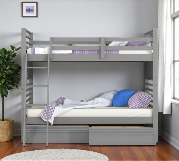 HomeRoots Gray Twin Over Twin Solid Wood Bunk Bed with Versatile Storage, Safety Features & Modern Style 606670