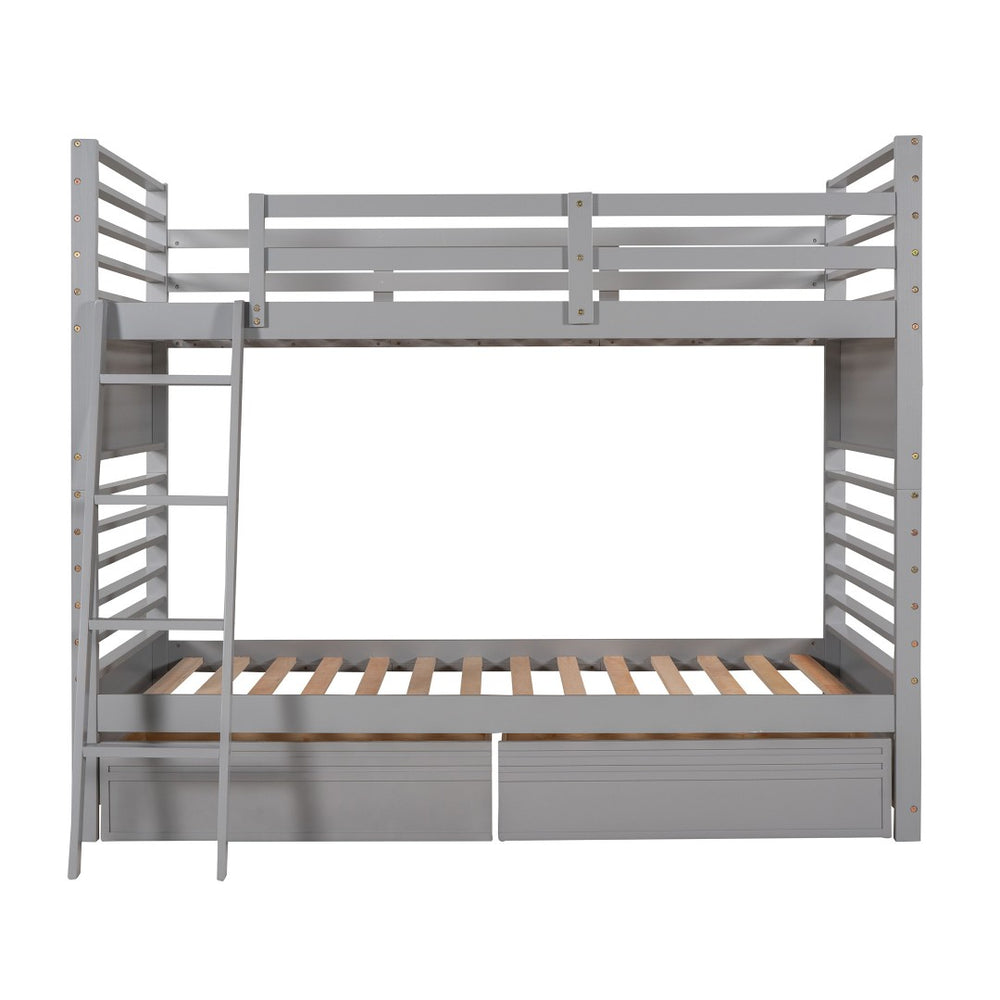 HomeRoots Gray Twin Over Twin Solid Wood Bunk Bed with Versatile Storage, Safety Features & Modern Style 606670