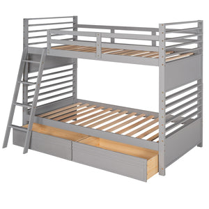 HomeRoots Gray Twin Over Twin Solid Wood Bunk Bed with Versatile Storage, Safety Features & Modern Style 606670